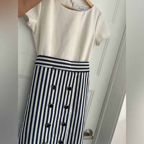 #32 Tie Back Stripe Button Dress nautical dress in cream and blue with bow - Picture 6 of 10